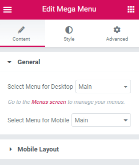 mega menu general settings