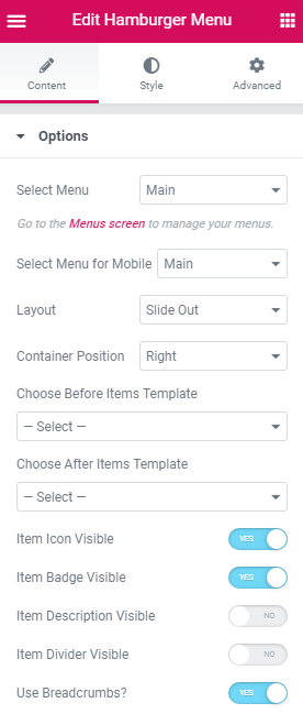 hamburger menu options settings