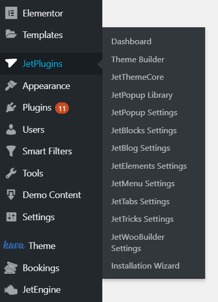 jetplugins section in the wordpress dashboard