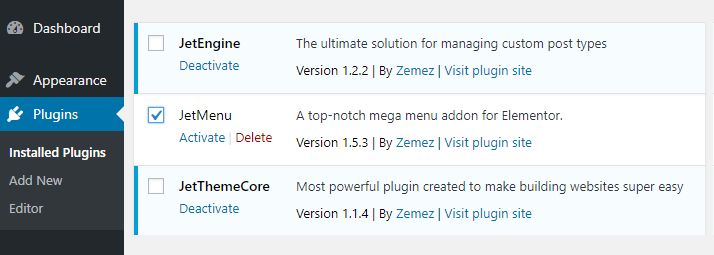 Jet Plugin activation in WordPress dashboard