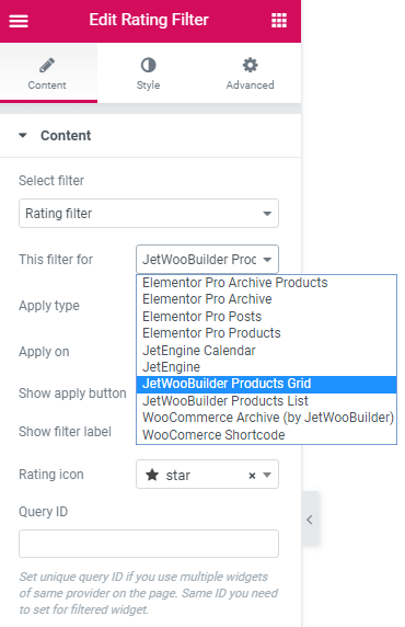 JetWooBuilder products grid for the Rating filter