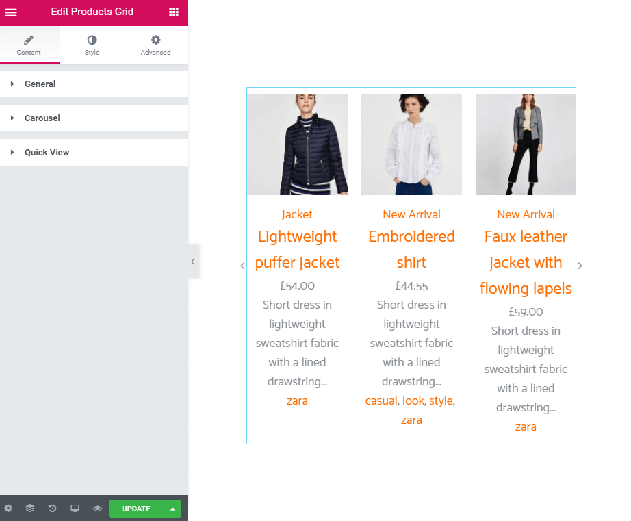 content settings of the Product Grid widget