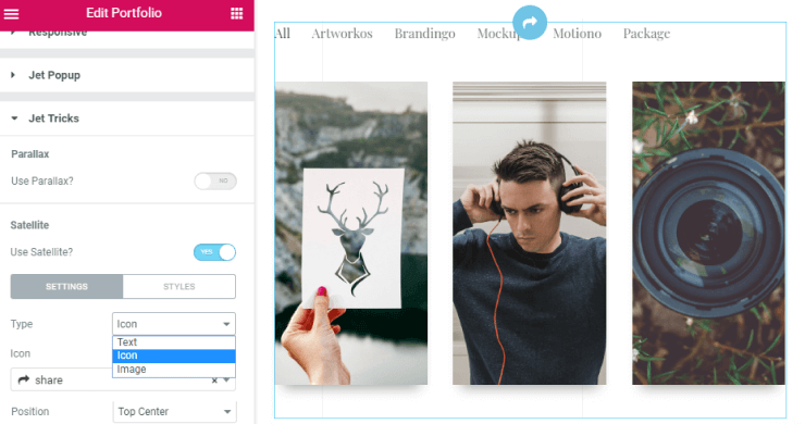 JetTricks settings in the Portfolio widget in Elementor