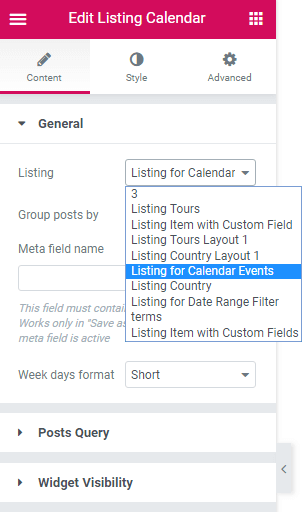 listing dropdown in the general settings in calendar widget