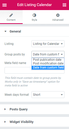 general settings in calendar widget