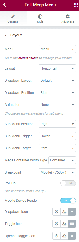 mega menu layout settings