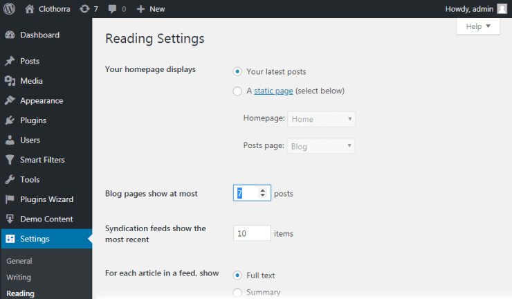 Reading settings in WordPress Dashboard