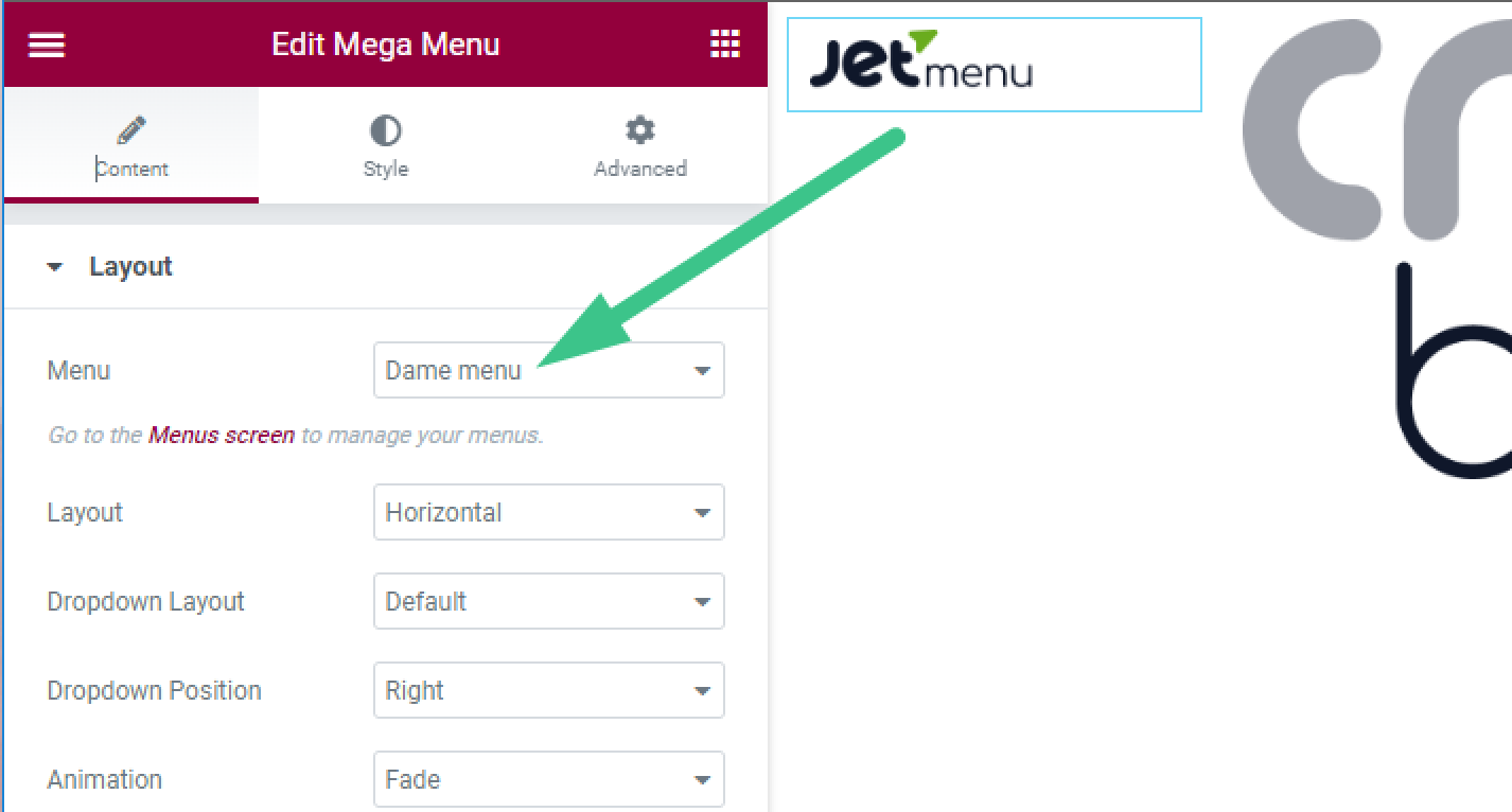 menu field in the layout settings of the mega menu widget