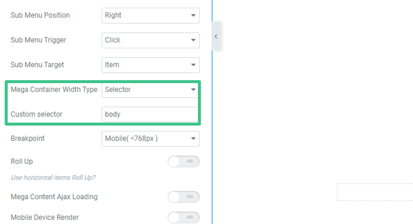 mega container width type and custom selector fields in the content settings