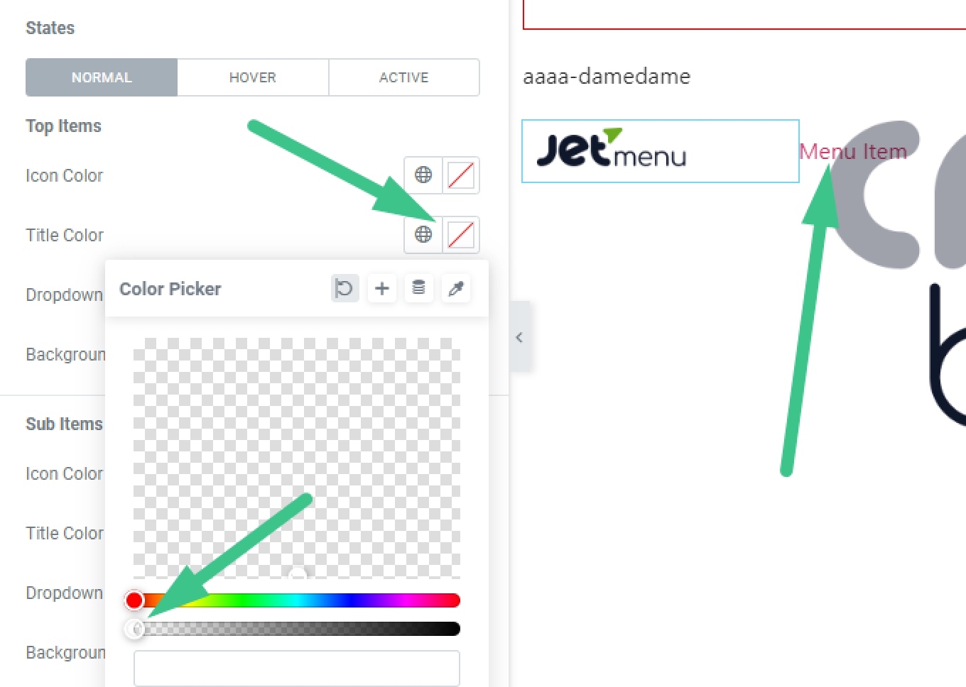 the title color field in the states section