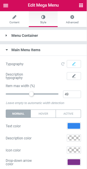 style settings in mega menu widget