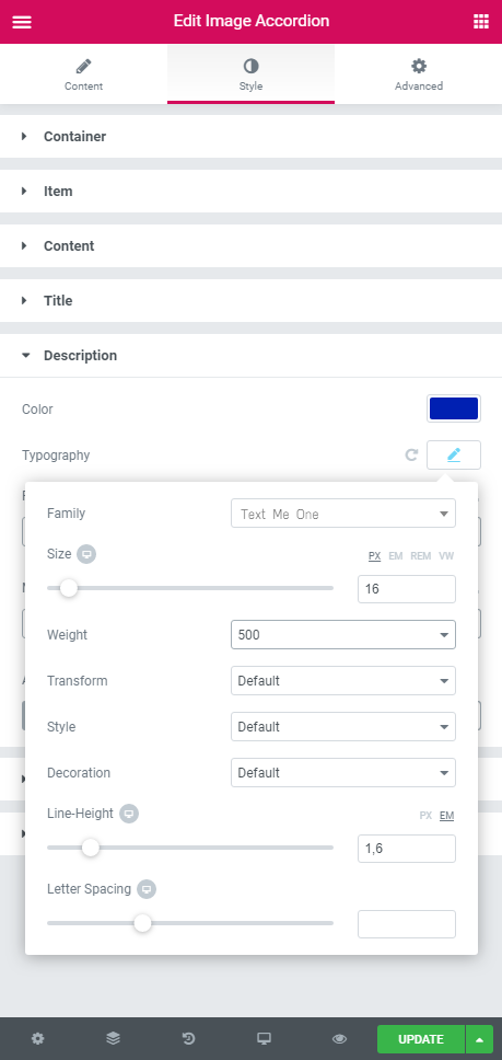 description style settings of the Image Accordion widget