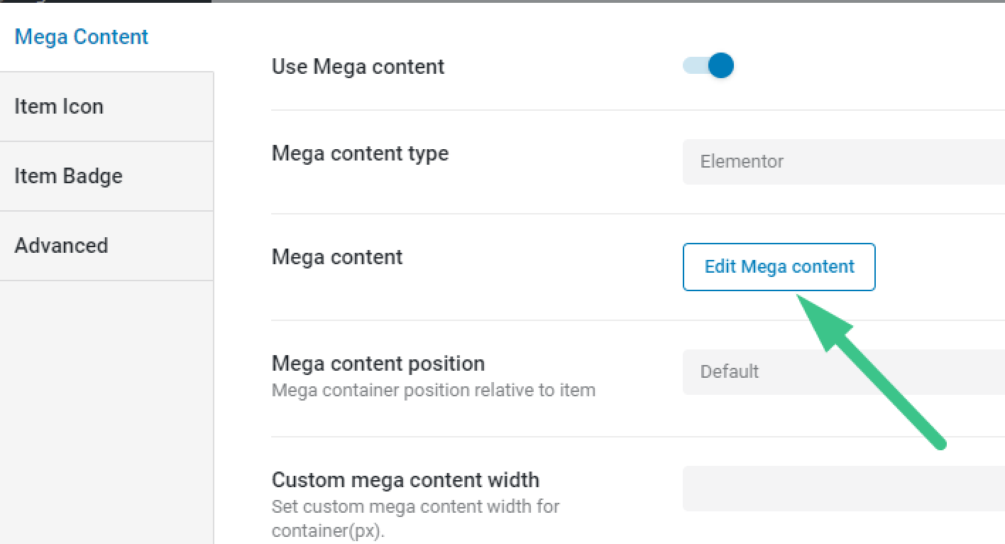 edit mega content button in the mega content settings