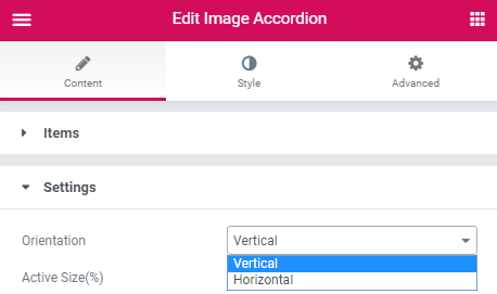 content settings of the Image Accordion widget