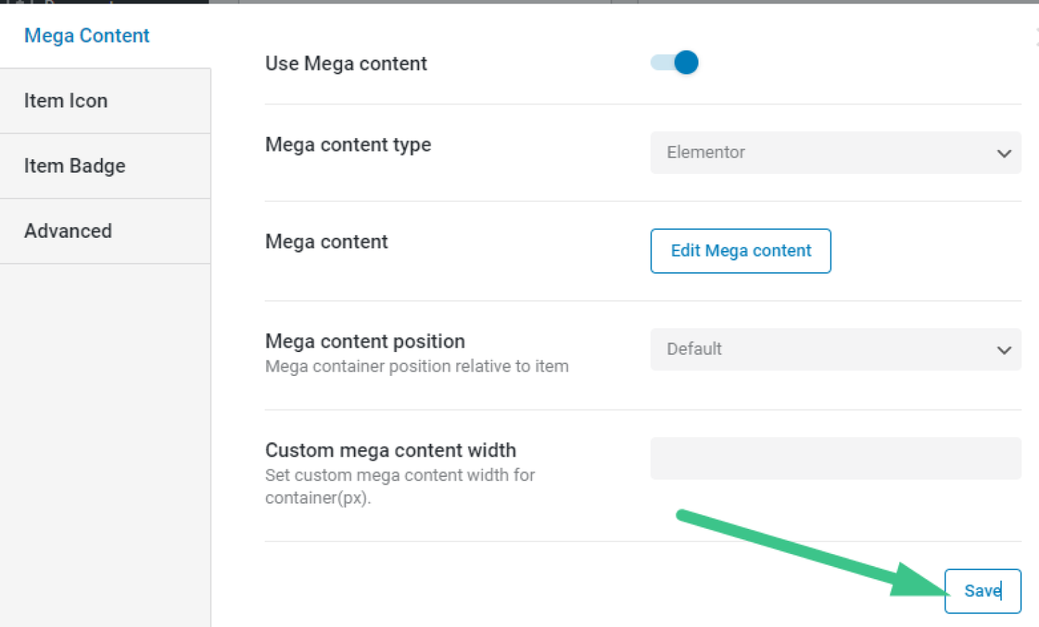 save button in the mega content settings