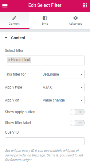 select filter content settings