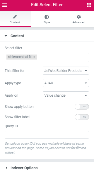 select filter settings
