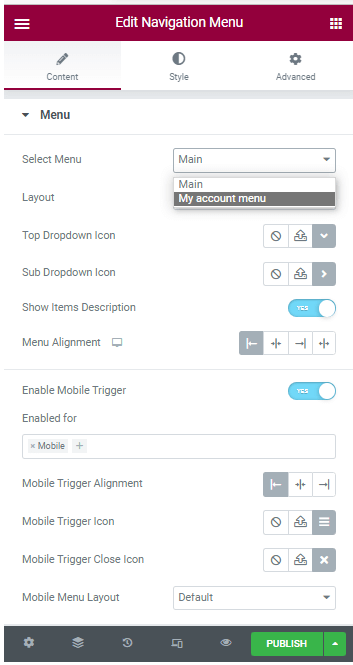 Selecting a menu in the widget