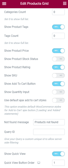 enabling the show quick view toggle in the products grid widget