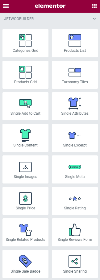 single product widgets list in elementor