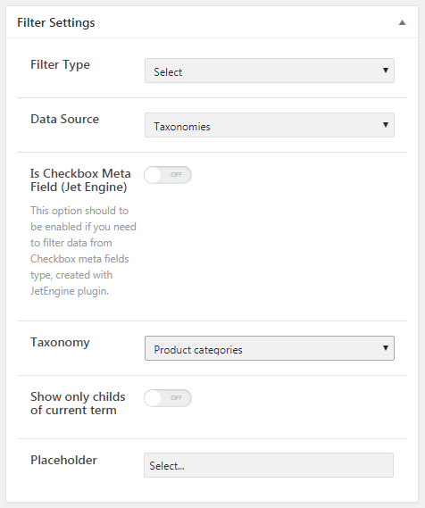 filter settings for the select type