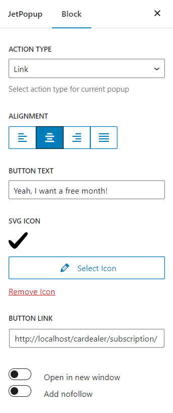 action button alignment, text, and SVG icon