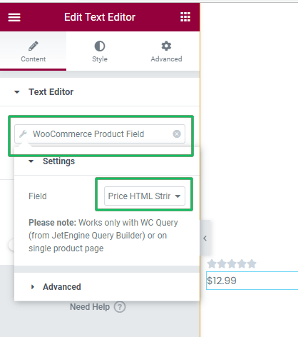 adding woo product settings to editor widget settings