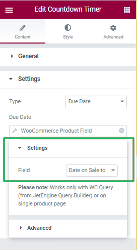 adding woocommerce product field to countdown timer widget