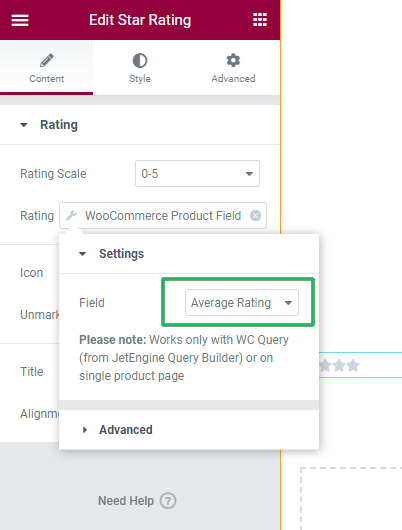 adding woocommerce product settings to the rating widget