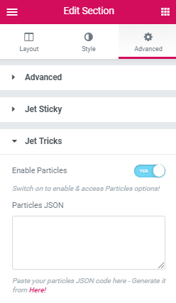 JetTricks tab in the Advanced Elementor settings