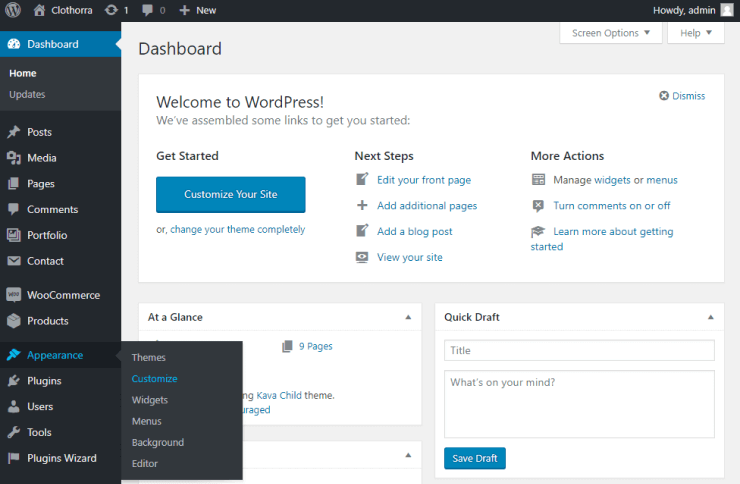 appearance customise section in WP Dashboard