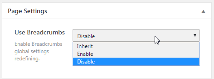 breadcrumbs settings for the page/post