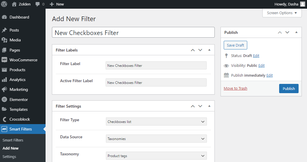 checkbox filter settings