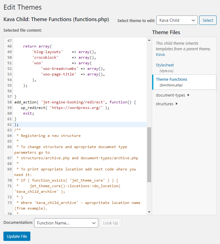 functions.php editing and code input