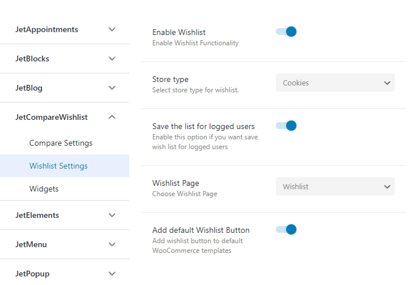 compare wishlist settings