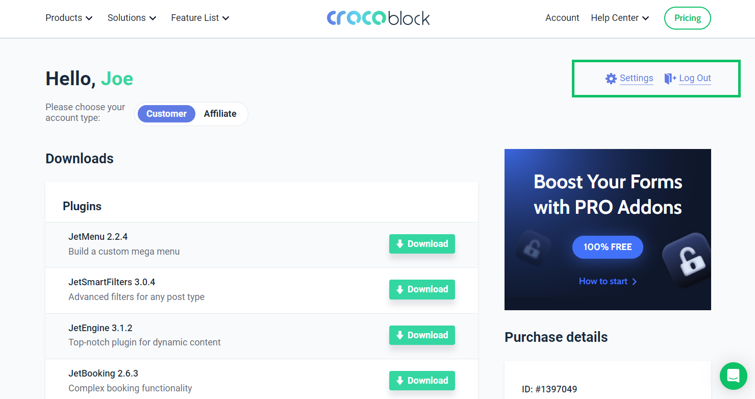 crocoblock account and log out buttons