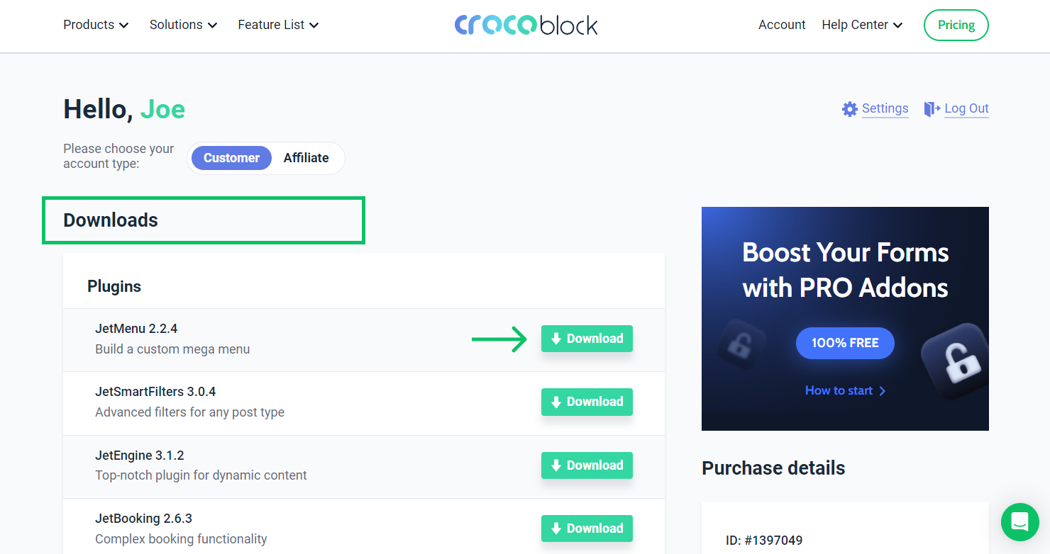 downloads section in crocoblock account