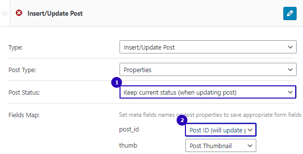 settings to update the post