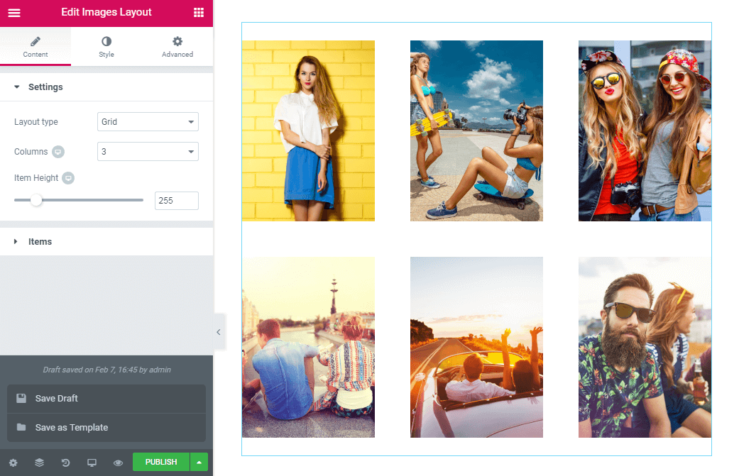 content settings of the Images Layout widget