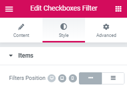 items style customization for the checkboxes filter