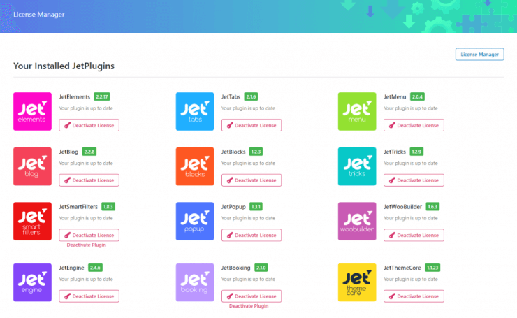 JetPlugins dashboard with all the plugins