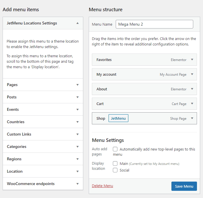 jetmenu button in the menu structure section