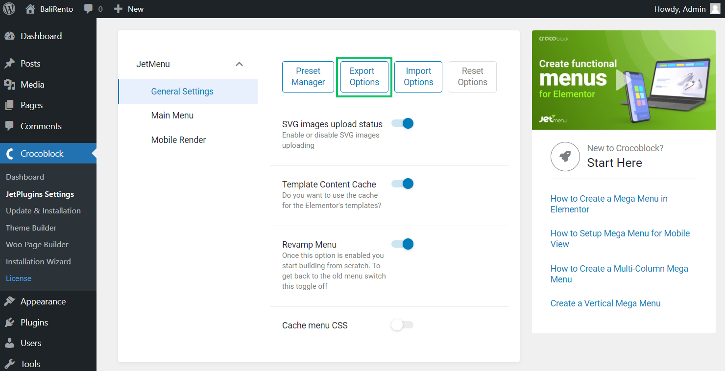 jetmenu settings export options button