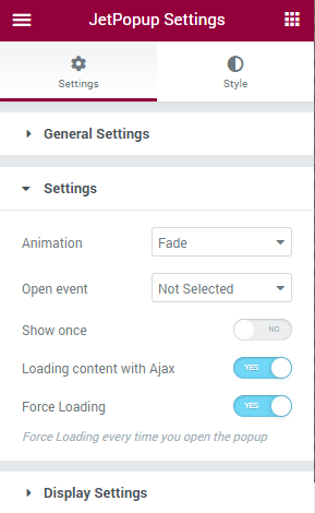 Jetpopup settings