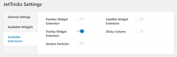 enabling Tooltip Widget Extension in the JetTricks settings window