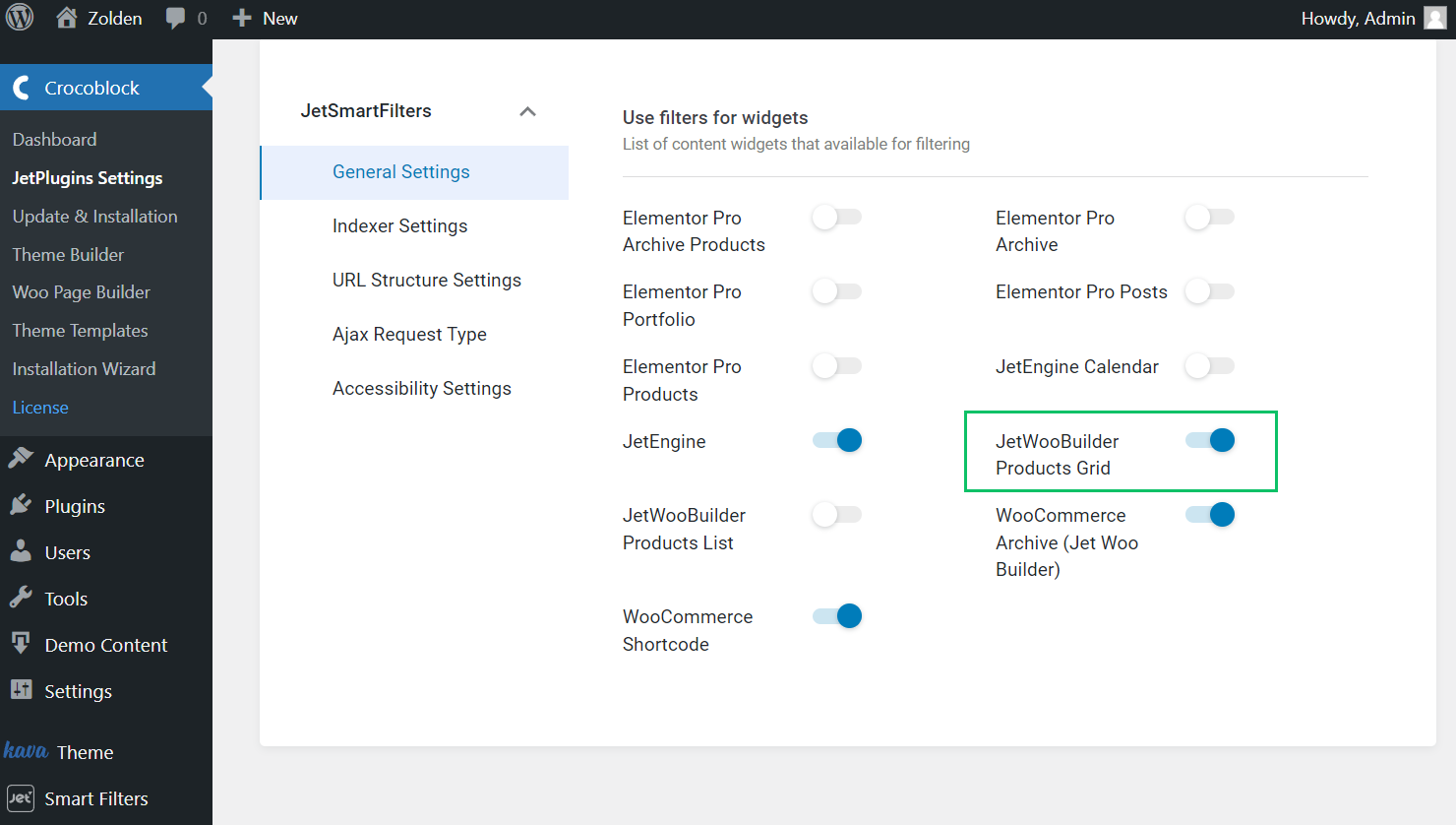 jetwoobuilder products grid toggle in settings