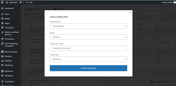 listing item settings