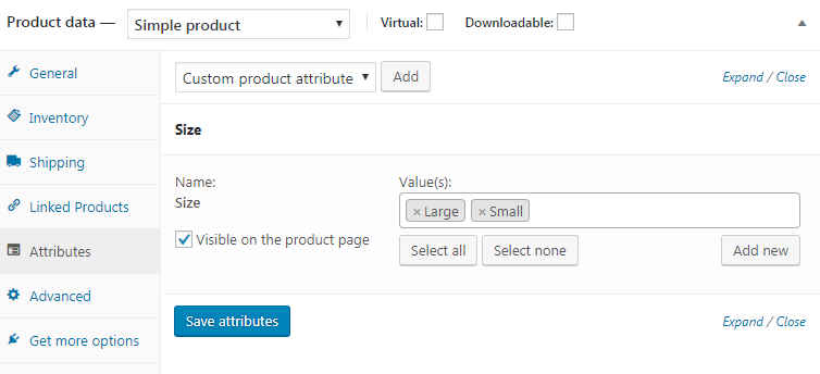 attributes tab, product attributes and terms