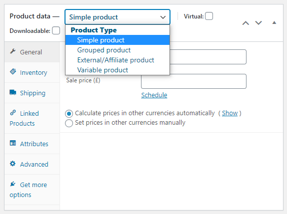 WooCommerce product type settings