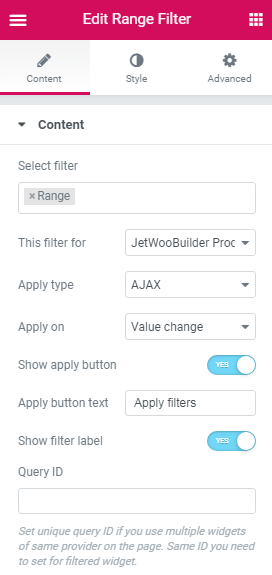content settings in range filter widget